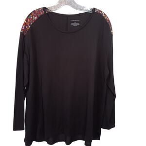 EUC Lane Bryant Long Sleeve 18/20 Black Top with Sequin Shoulders Rounded Neck